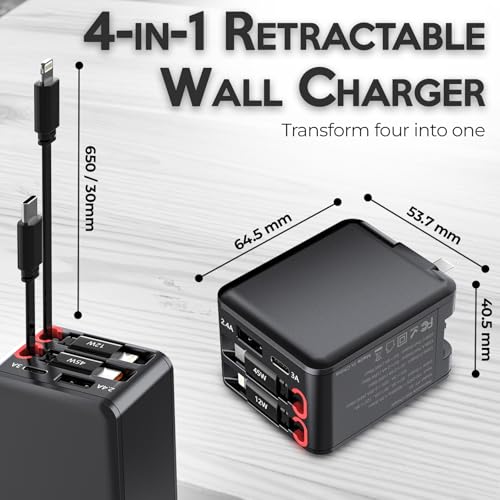45W Retractable Wall Charger 4 Port with Built-in Type-C, Travel Ready