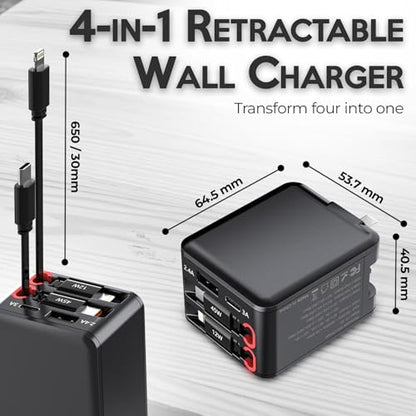 45W Retractable Wall Charger 4 Port with Built-in Type-C, Travel Ready