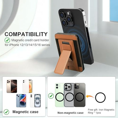 Magnetic Card Wallet for Phone,for Magsafe Wallet Quick Access to Cards,Pop up Credit Card Holder with RFID Blocking,Adjustable Phone Stand for iPhone 16/15/14/13/12 Series (Brown) - color: Leather Stand w/Elastic - Chestnut Brown