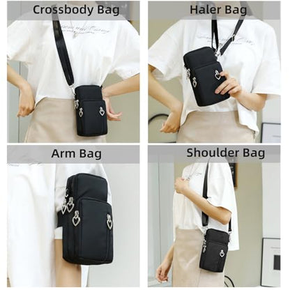 Small Crossbody Bag for Women, Multi Zip Pockets Nylon Wallet Purse Credit Card Holder with Detachable Hand Strap - color: Black