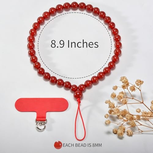 Agate Beaded Phone Wrist Strap for Women Men Stone Beads Charm Handmade Cellphone Chain Lanyard with Tether Tab - color: Red-2, size: 6mm Beads