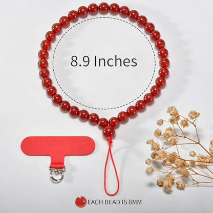 Agate Beaded Phone Wrist Strap for Women Men Stone Beads Charm Handmade Cellphone Chain Lanyard with Tether Tab - color: Red-2, size: 6mm Beads