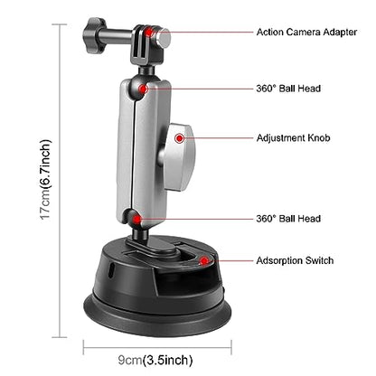 PULUZ Car Suction Cup Mount 360° Rotation Windshield & Window Camera Bracket for GoPro Hero 11 10 9 8 7 Insta360 X3 DJI Action Camera Accessories with Phone Holder with 1/4 Thread