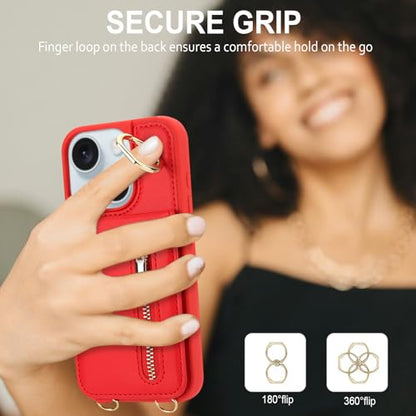Crossbody Wallet Case for iPhone 11, with Card Slots Zipper Pocket Case, Flip Folio Purse RFID Blocking with Ring Kickstand Detachable Strap-Red - color: Red, size: iPhone 11(6.1")