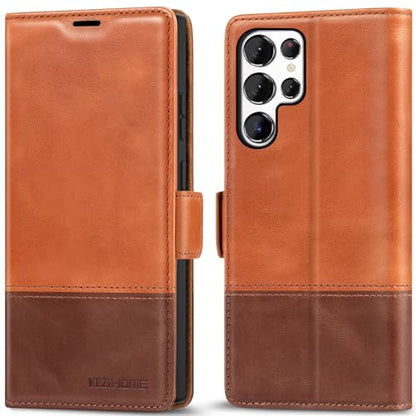 KEZiHOME Genuine Leather Wallet Case for Samsung Galaxy S24 Ultra | Khaki/Brown, RFID Blocking Card Slot, Kickstand, Magnetic Protective Phone Folio Cover, Compatible with Galaxy S24 Ultra - color: Khaki/Brown