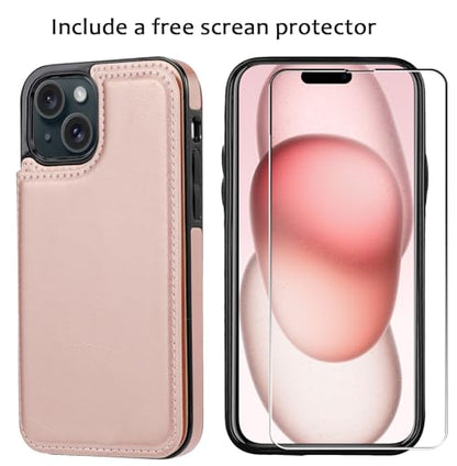 Wallet Case Compatible with iPhone 15,Slim Protective case with Card Holder,Premium PU Leather Kickstand Card Slots Case with 1 Screen Protective Glass for iPhone 15 (6.1")-Rose Gold - color: Rpse Gold