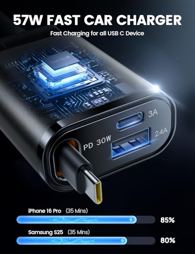 Lamicall Retractable Car Charger USB C 57W Charging for iPhone 18 17 16 Duo - color: Upgrade-Black