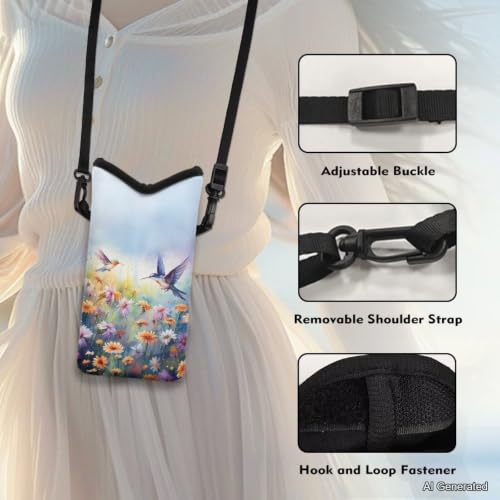 Neoprene Crossbody Phone Bag Small Shoulder Bag Lightweight Travel Bag with Removable Adjustable Strap for Cellphone, Keys, Lipstick, Power Bank 8 x 4 inch, Hummingbird Daisy Flower - color: Hummingbird Daisy Flower