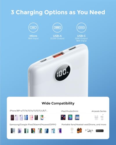 VEEKTOMX 10000mAh Mini Power Bank, 22.5W Fast Charger for iPhone Android - color: Pearl