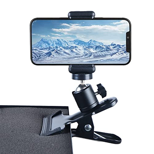 PRAQECZ Clip Clamp Phone Holder, Cell Phone Stand for Desk/Table/Glass Door/Desktop Baffle/Easel，360° Adjustment Metal Clamp Mount Compatible with 3.5-6.5 inch Smart Phones