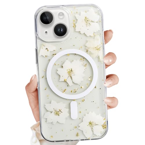 Clear Case for iPhone 14 Plus,Magnetic Flower Phone Case with Pressed Real Flowers Design,Glitter Cute Floral Pattern Slim TPU Protective Women Girl's Phone Cover Compatible with MagSafe for iPhone - color: White, size: iPhone 14 Plus