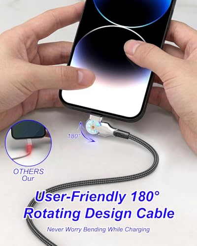 90 Degree Lightning Cable with 180°Rotating Head, 6Ft Fast Charge Right Angle Lightning Cable Compatible with iPhone14/13/12/11/X/8/7/6/5/SE/Pod/Pad Mfi Certified Rotating Charging Cable for iPhone