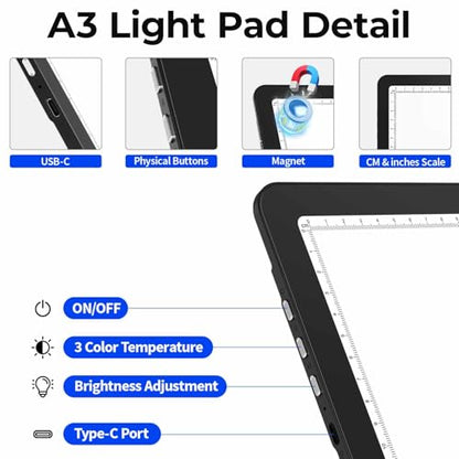 Heanolier Rechargeable A3 Light Board with Stand for Diamond Painting,5100 Lux Magnetic Light Pad with Side Buttons,5000mAH battery,Wireless Light Box for Tracing,LED Light Table for Sketching,Drawing - size: A3 with Stand