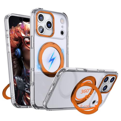 360 Rotatable Magnetic Ring Kickstand Phone Case for iPhone 17 Pro Case,Compatible with Magsafe,Military Grade Shockproof Translucent for iPhone17 Pro Protective Case - 6.3 inch,Clear Orange - color: Clear, size: For iPhone 17 Pro