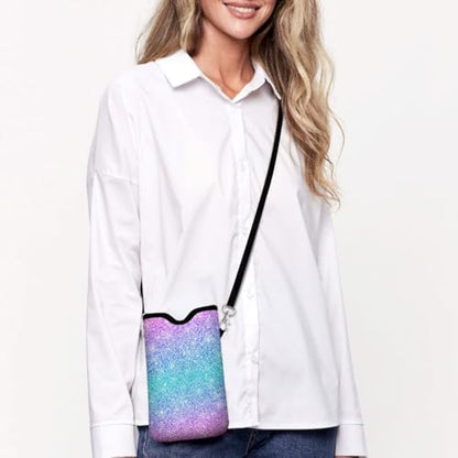 Universal Phone Sleeve Pouch with Crossbody Strap 7.6 X 4.3 Inches Shockproof Water Resistant Mobile Protection Bag-Glitter Pink Neoprene Phone Pouch Bag - color: Glitter Pink-Phone Pouch