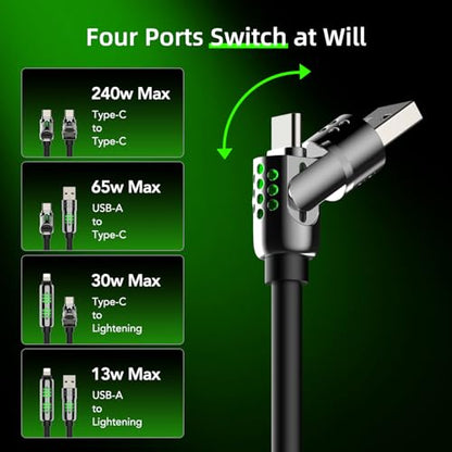 MFish 4-in-1 Fast Charging Cable with Case, 6.6FT, Black - color: Black(4-in-1)