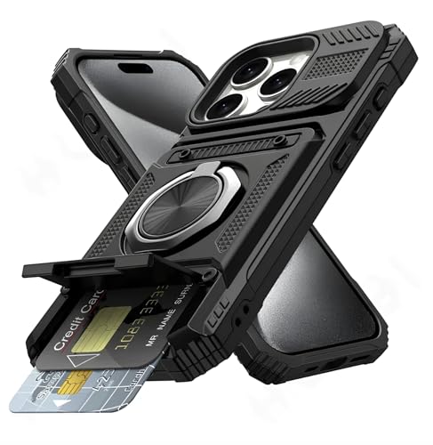 Military Grade Phone Case with Wallet & Magnetic Ring Kickstand, 2-Card Holder, Heavy Duty Drop Protection, Dual Layer TPU+PC Cover for iPhone 11/13/14/15/16/17 Pro Max (Black, iPhone 15 Plus) - color: Black
