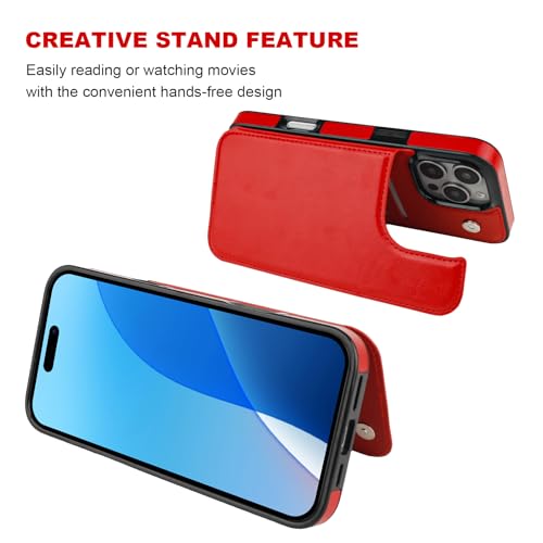 ONETOP for iPhone 16 Pro Max Wallet Case with Credit Card Holder,Red | Kickstand,ID/Cash Holder,Case Wallet with Card Slots,Double Magnetic Clasp,Durable PU Leather Shockproof Cover for Women Men - color: Red