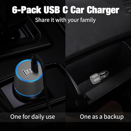 6 Pack 40W USB C Car Charger,Dual 20W Port Cigarette Lighter Adapter-Grey - color: Grey
