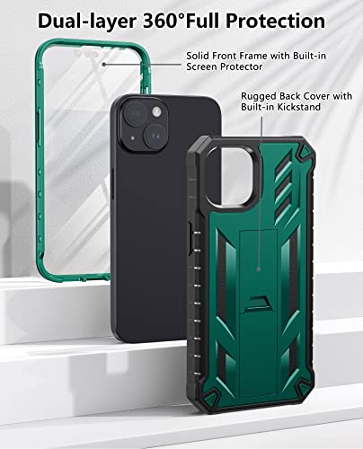 FNTCASE for iPhone 14 Plus Case, Built-in Screen Protector, Kickstand Green | 20FT Military-Grade Drop Protection, Anti-Slip Matte Textured, Rugged Heavy Duty Shockproof TPU Protective Cover - color: Green