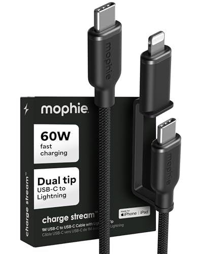 Mophie Charge Stream USB-C to USB-C 1m/3ft Cable with Lightning Adapter - 60W Fast-Charge Universal Charging Cable, MFi Certified, Dual Tip Adapter, Braided, Durable for iPhone, iPad, Android, MacBook - size: 3 feet, style: USB-C to USB-C w/Lightning Adap