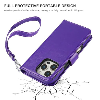 Bocasal Detachable Wallet Case Card Holder for iPhone 16 Pro, Purple | RFID Blocking Kickstand Card Slots Holder PU Leather Magnetic Shockproof Wrist Strap Removable Flip Protective Cover 6.3 inch - color: Purple