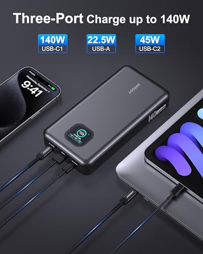140W Laptop Power Bank, 25000mAh with TFT Smart Digital Display - color: Dark Gray