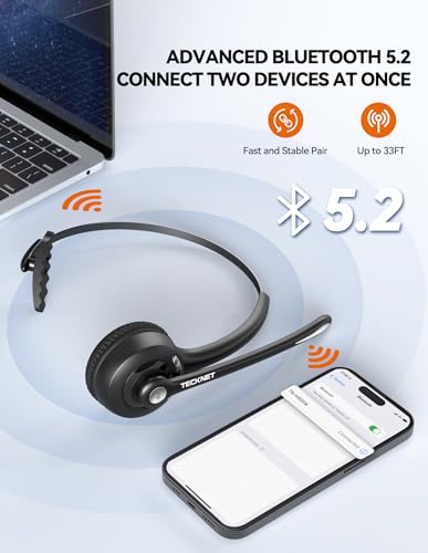 TECKNET Single Ear Bluetooth Headset - Noise Cancelling Microphone