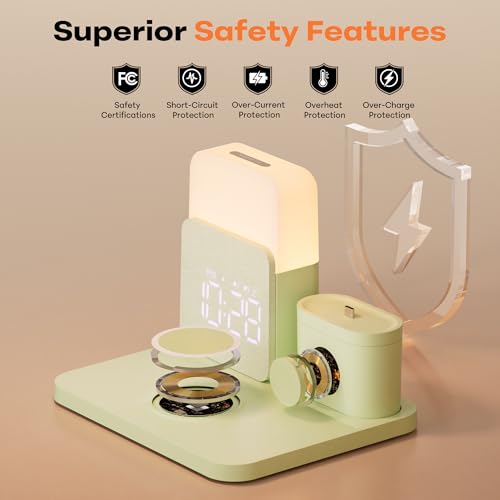7 in 1 Wireless Charging Station, 25W Charger with Alarm Clock Night Light - color: Green
