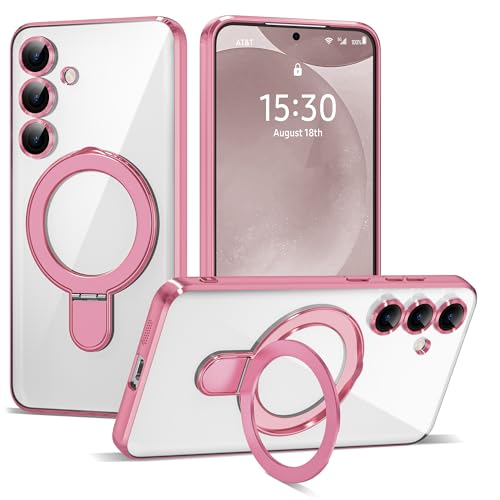 Compatible with Samsung Galaxy S24 Case with Magnetic Ring Stand [Compatible with Mag-Safe] [Full Camera Lens Protector] Plating Clear Phone Case for Samsung Galaxy S24 6.2", Pink - color: Pink, size: Samsung Galaxy S24