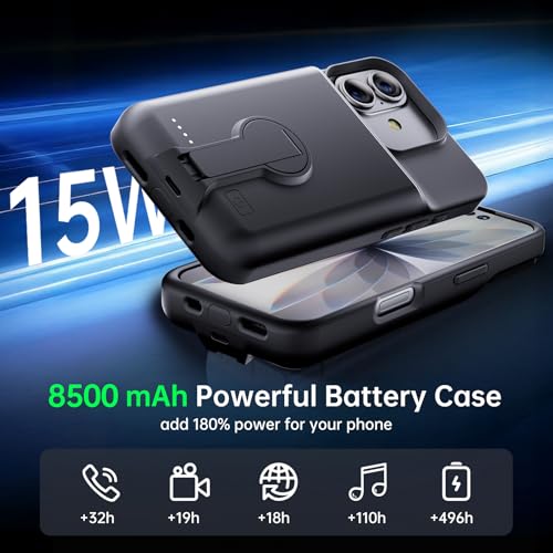 GIN FOXI for iPhone 17 Battery Case, Rechargeable Case Charger with Stand 8500mAh Fast Charging Ultra-Slim Lightweight Powerful Battery Pack Anti-Fall TPU Juice Box for iPhone 17 (6.3") Black - size: for 17