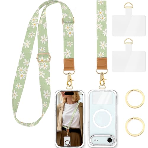 Phone Lanyard Crossbody Strap, Adjustable Neck Strap and Wristlet Strap for Phone Wallet ID Badge with 2 Phone Tabs - color: Green Daisies