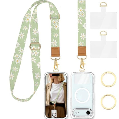 Phone Lanyard Crossbody Strap, Adjustable Neck Strap and Wristlet Strap for Phone Wallet ID Badge with 2 Phone Tabs - color: Green Daisies