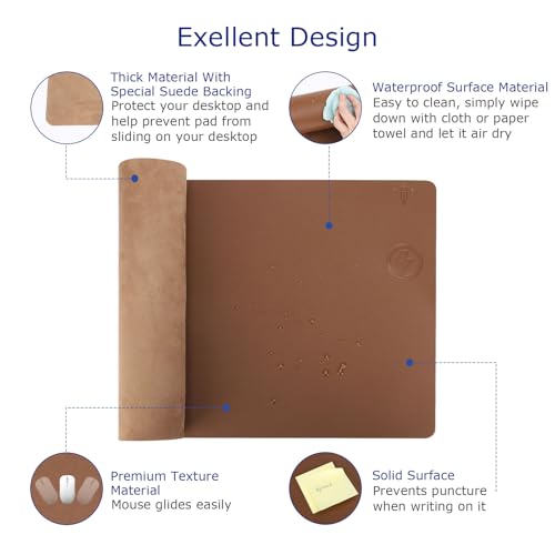 EYStech™ Desk Pad with Wireless Charger, Leather, Waterproof, Anti-Slip Wool Felt Base Material, Office Table Mat, Fast Charging Gaming Mouse Pad, 32”(L) x 16”(W), Brown (Right Side Charging Port)