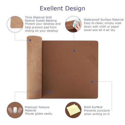 EYStech™ Desk Pad with Wireless Charger, Leather, Waterproof, Anti-Slip Wool Felt Base Material, Office Table Mat, Fast Charging Gaming Mouse Pad, 32”(L) x 16”(W), Brown (Right Side Charging Port)