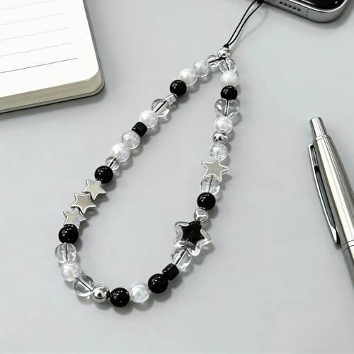 Cute Beaded Camera Wrist Strap for Phone, Digital Camera Charm Lanyard, Pearl Beaded Chain for Bag Keychain Gift - color: Black Star
