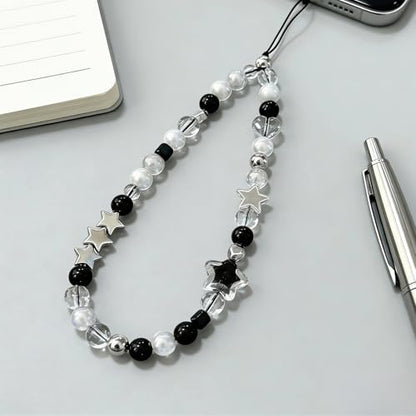Cute Beaded Camera Wrist Strap for Phone, Digital Camera Charm Lanyard, Pearl Beaded Chain for Bag Keychain Gift - color: Black Star