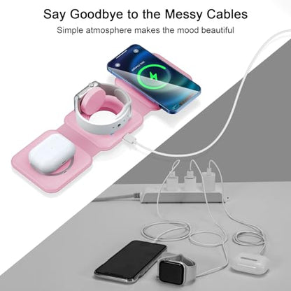 3 in 1 Wireless Charging Station for Apple,Foldable Magnetic Travel Charger - color: deep pink