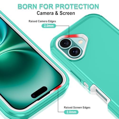 for iPhone 16 Case Heavy Duty Protective Shockproof Dropproof 3-Layer Full Body Protection [Without Screen Protector] Tough Rugged Cover for Apple iPhone 16 6.1 inch 2024,Teal/White - color: Teal/White