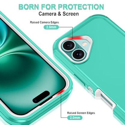 for iPhone 16 Case Heavy Duty Protective Shockproof Dropproof 3-Layer Full Body Protection [Without Screen Protector] Tough Rugged Cover for Apple iPhone 16 6.1 inch 2024,Teal/White - color: Teal/White