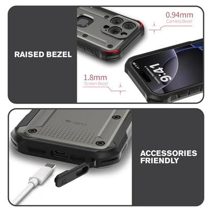 VENA vArmor for iPhone 16 Pro Rugged Case, Black | Military-Grade Drop Protection, Heavy Duty, Belt Clip Holster, Kickstand, Magsafe Compatible - color: Black/Graphite Gray