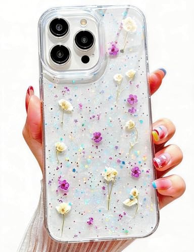 IAIYOXI for iPhone 11 Pro Max Clear Case with Pressed Real Flowers Design - Glitter Cute White Floral Pattern, Slim Soft TPU Protective Phone Cover for Women and Girls (Purple) - color: Purple, size: iPhone 11 Pro Max