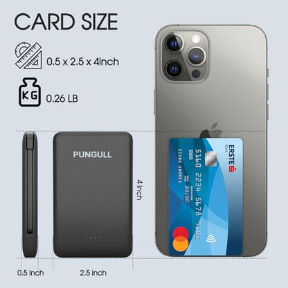 Slim Portable Charger 5000mAh - Compact Mini Small Power Bank Built-in Cable Cute Mobile Cell Phone External Battery Pack 5V 2.1A USB-C Compatible with iPhones 6/7/8/X/XS/XR/11/12/13/14 Airpods