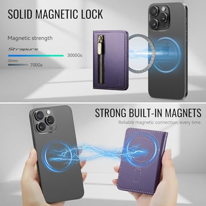 Strapurs Magnetic Card Holder Compatible with MagSafe Phones and Cases, PU Leather Phone Wallet for iPhone 17/16/15/14/13/12/Pro/Max/Plus/Air, 4 Card Slots RFID Blocking with Zipper Pocket - Purple - color: Purple