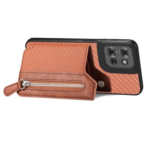 for Motorola Moto G Power 2026 Wallet Case with Card Holder, Slim | Shockproof Protective Phone Cases for Women, Carbon Fiber Pattern Design, Built-in 4 Credit Card Slots and 1 Zipper Pocket - color: Brown