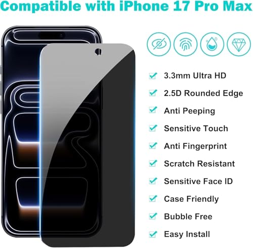 3 Pack for iPhone 17 Pro Max Privacy Scree Protector +2 Camera Cover - size: iPhone 17 Pro Max (6.9 inch)