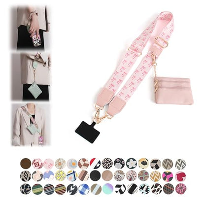 Phone Strap with Zippered Pouch, Clip and Go Strap for Phone with Wallet Crossbody, Adjustable Crossbody Phone Strap-3 - color: Bow Pink