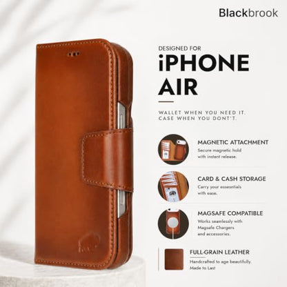 BLACKBROOK Detachable Leather Wallet Case Compatible with iPhone Air | Full-grain detachable folio with RFID blocking, 3 card slots, ID window, built-in kickstand, wireless charging, handcrafted. - color: Burnished Tan, size: iPhone 17 Air