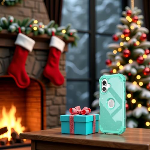 IDweel for iPhone 17 Case with Screen Protector for Women, 3 in 1 Shockproof Slim Fit Hybrid Heavy Duty Hard PC Cover Soft Silicone Bumper Full Body Anti-Fingerprint Case, Glitter Cyan - color: Glitter Cyan