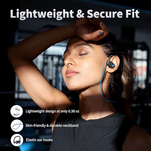 JOYWISE Wireless Headphones Bluetooth 5.3 Headphones with 16 Hours Playtime, Over-Ear Stereo Bass Earphones with Earhooks Headset, Sports Earbuds with Storage Bag for Running, Blue - color: Blue